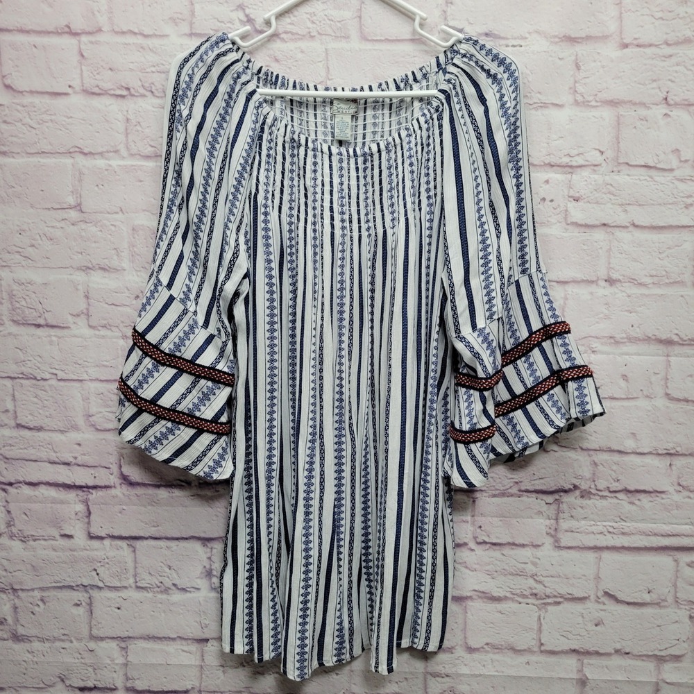 Studio West Blue White Striped Peasant Blouse L Flowy Bell Sleeve Boho‎ Cottage